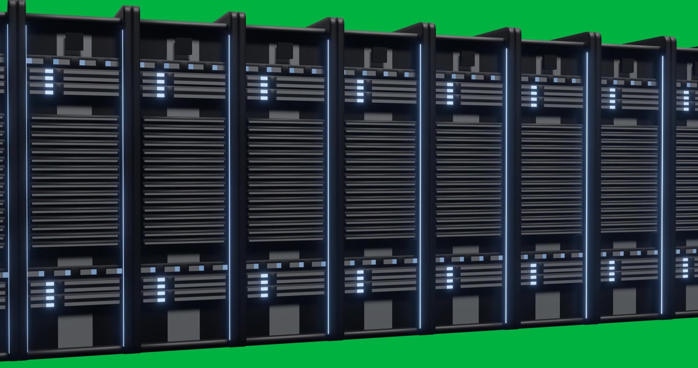 Animazione di luci che sfarfallano sui server in una sala server su sfondo trasparente.