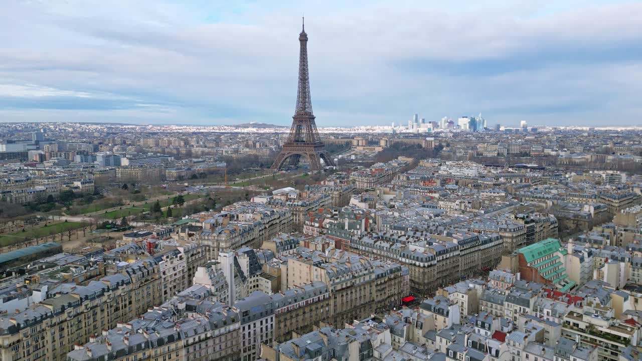Parisian landscape with Tour Eiffel, France. Aerial ascending