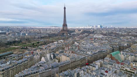 Parisian-landscape-with-Tour-Eiffel,-France.-Aerial-ascending