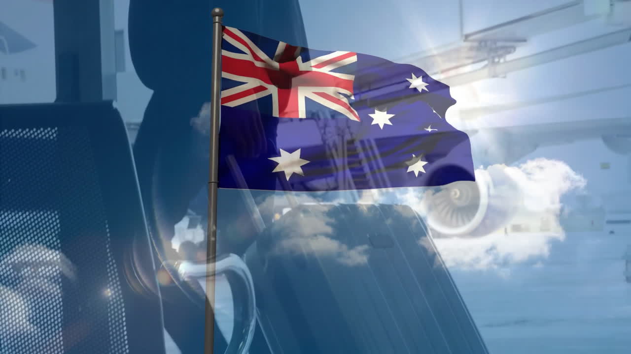 Waving Australian flag over airplane in sky, symbolizing travel and animation