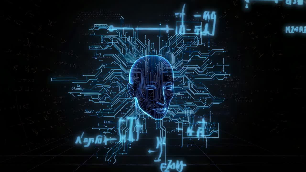 Circuit network glowing from blue hologram head over grid plane displaying math symbols for AI