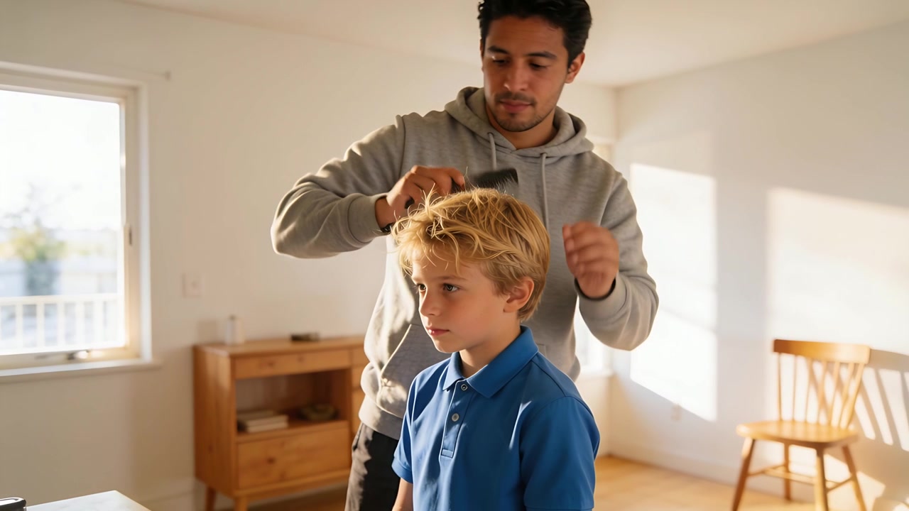 Combing adult man holding wide comb styling schoolboy's hair in sunlit room, seeking neatness