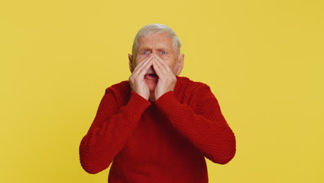 senior old man whisper news rumors holding hands near mouth share gossip quiet keep my secrets