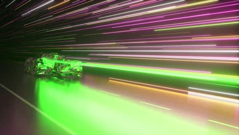 futuristic crystal car in neon light tunnel