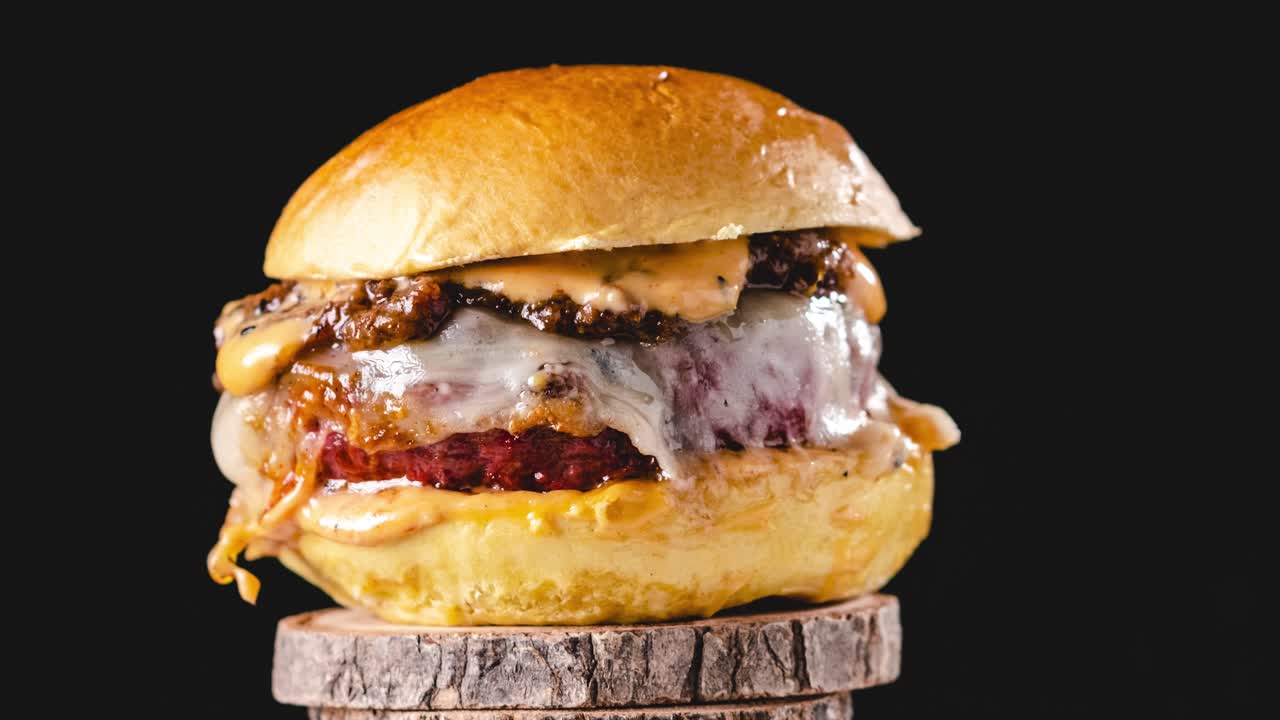 Delicious burger rotating on wooden stand