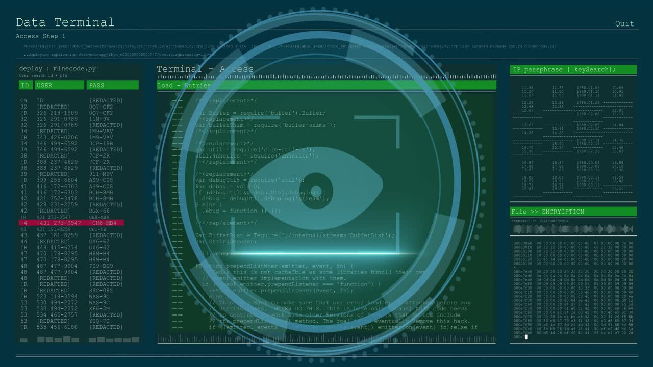 animación del procesamiento de datos y ojo sobre fondo azul
