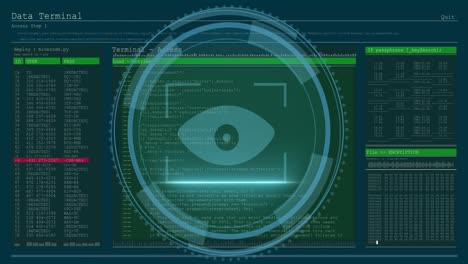 animación del procesamiento de datos y ojo sobre fondo azul