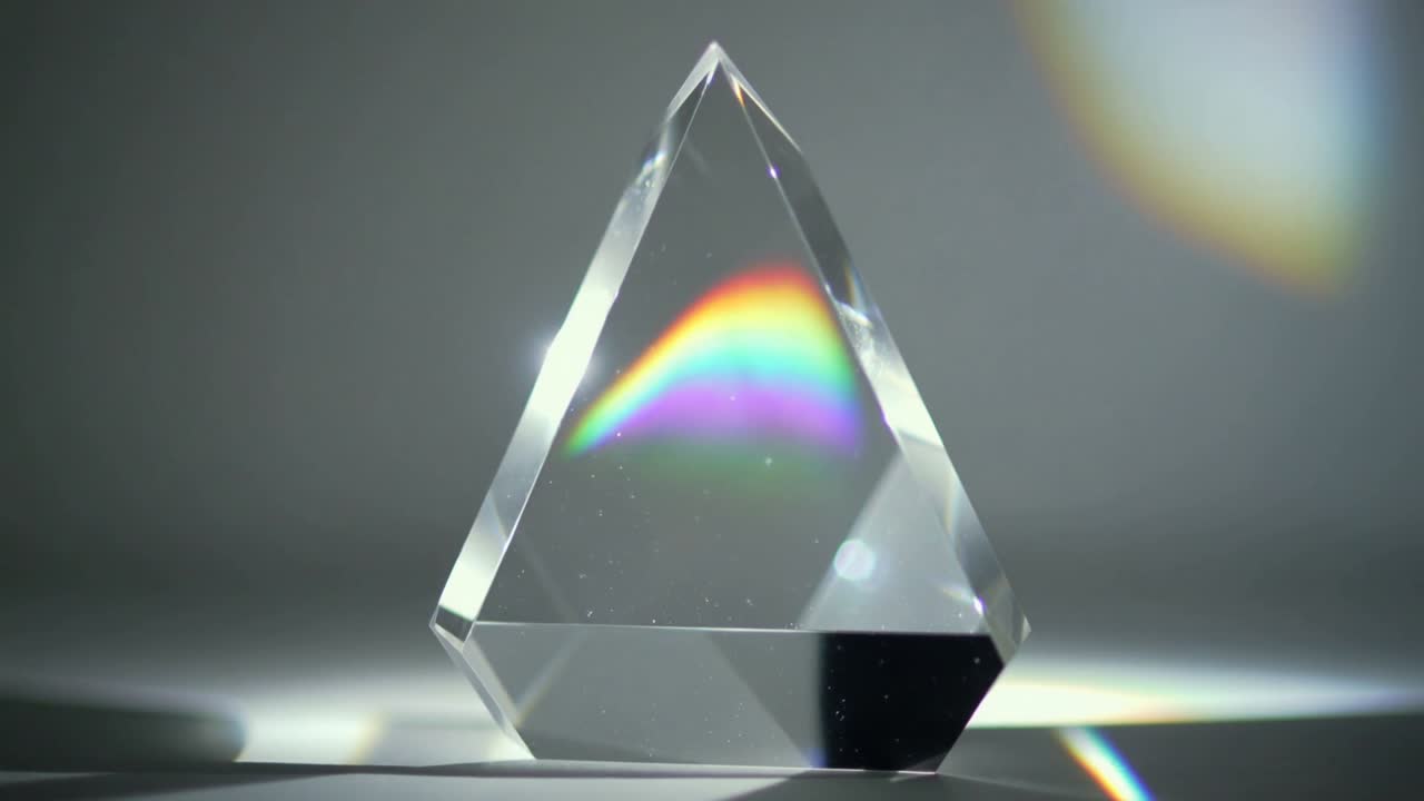 Luce puntiforme fuori campo a sinistra che colpisce un prisma causando un arco arcobaleno interno che si illumina e sale a destra.