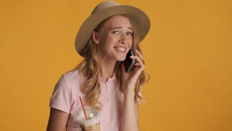 caucasian woman having phone call during summer holidays.