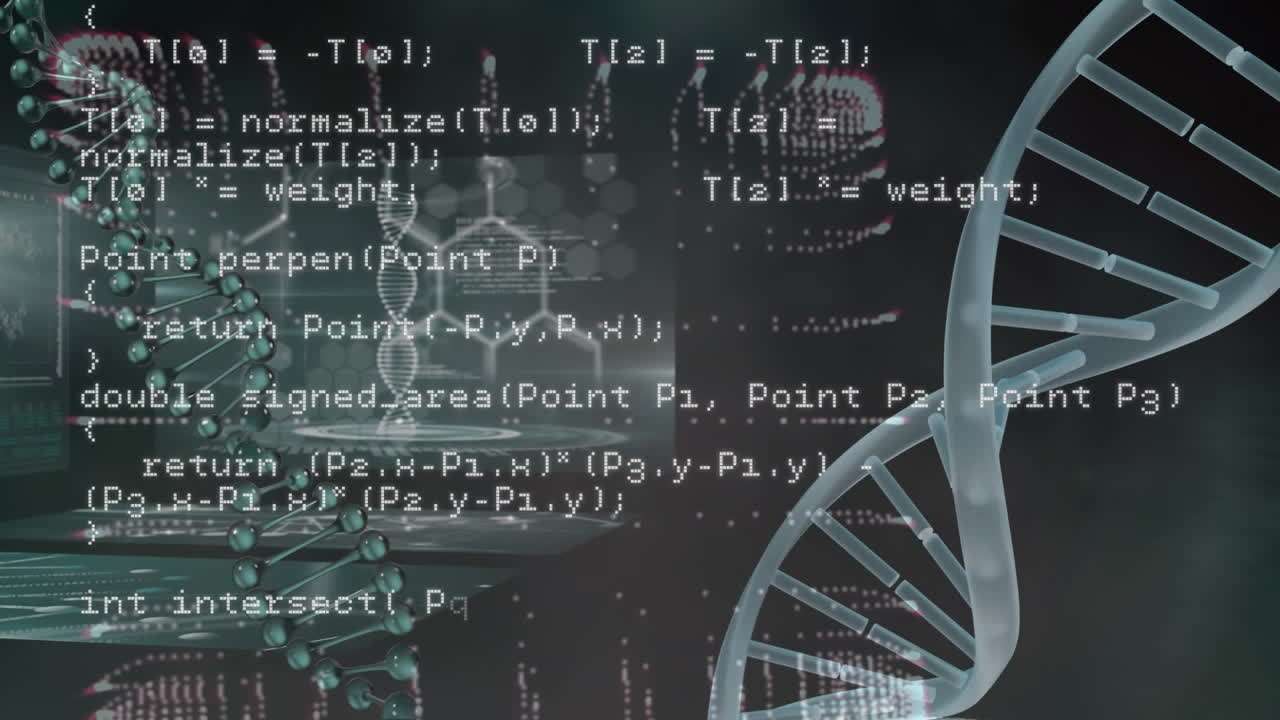The animation shows data processing over dna strands