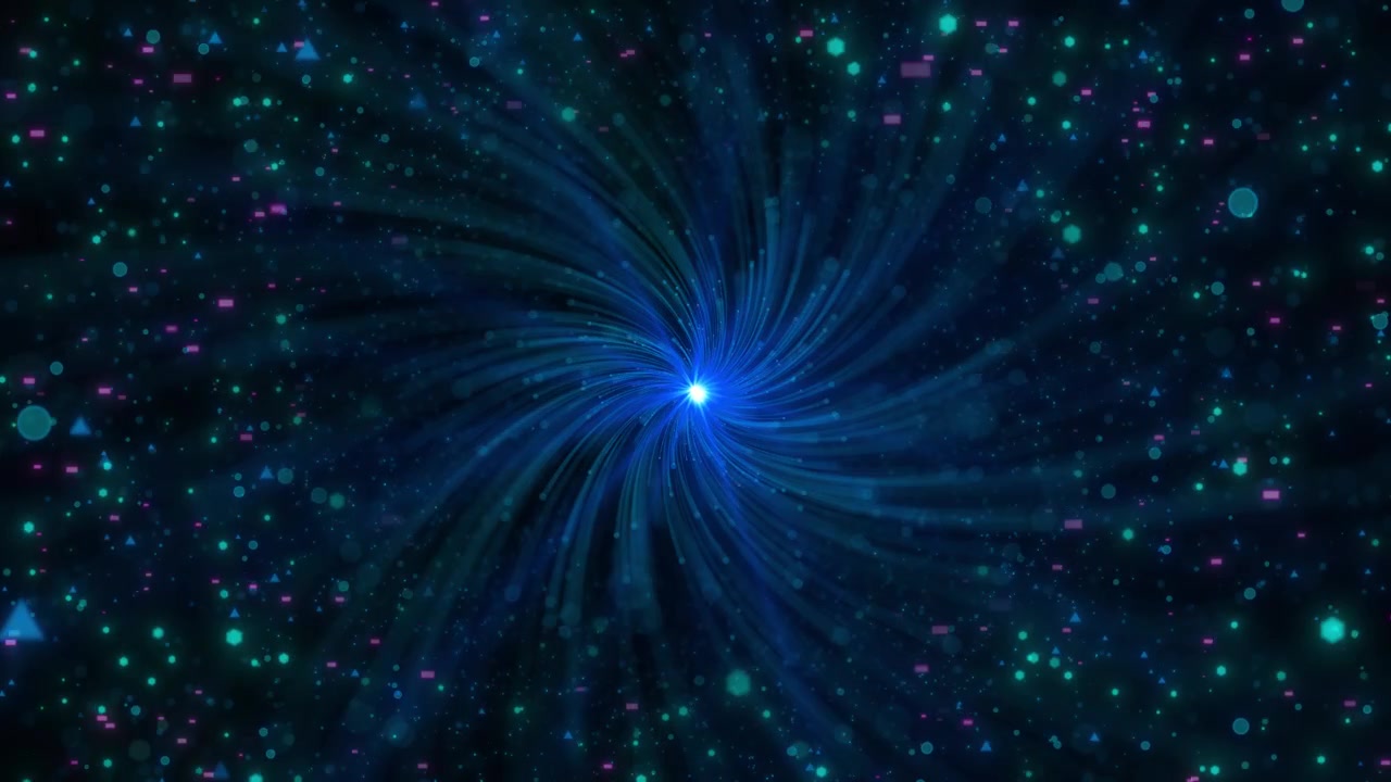 Digital spiral energy particle loop with luminous blue center floating shapes and swirling light