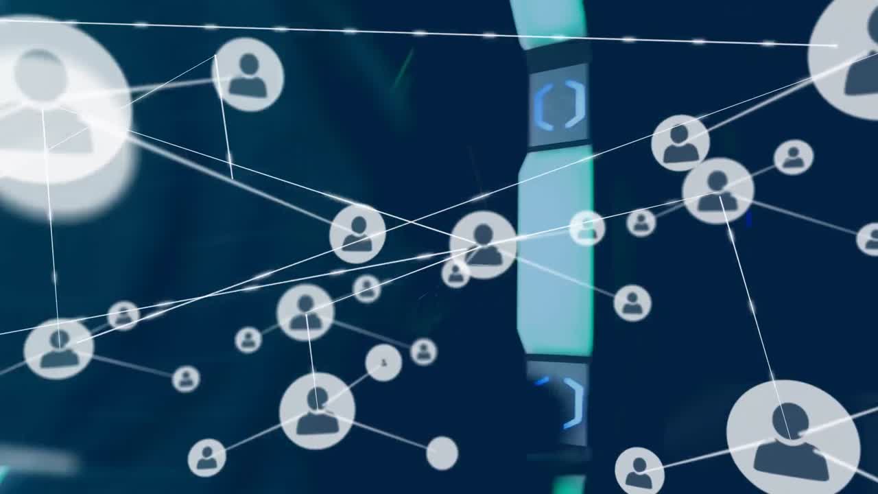 animación de iconos conectados, mujer caucásica caminando por el pasillo de la oficina y usando una tableta digital.