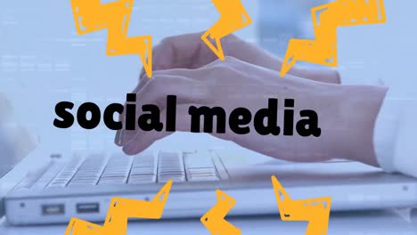 Animation-of-social-media-text-banner-over-mid-section-of-man-using-laptop-at-office