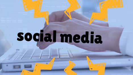 animación de un cartel de texto de redes sociales sobre la sección media de un hombre que usa una computadora portátil en la oficina
