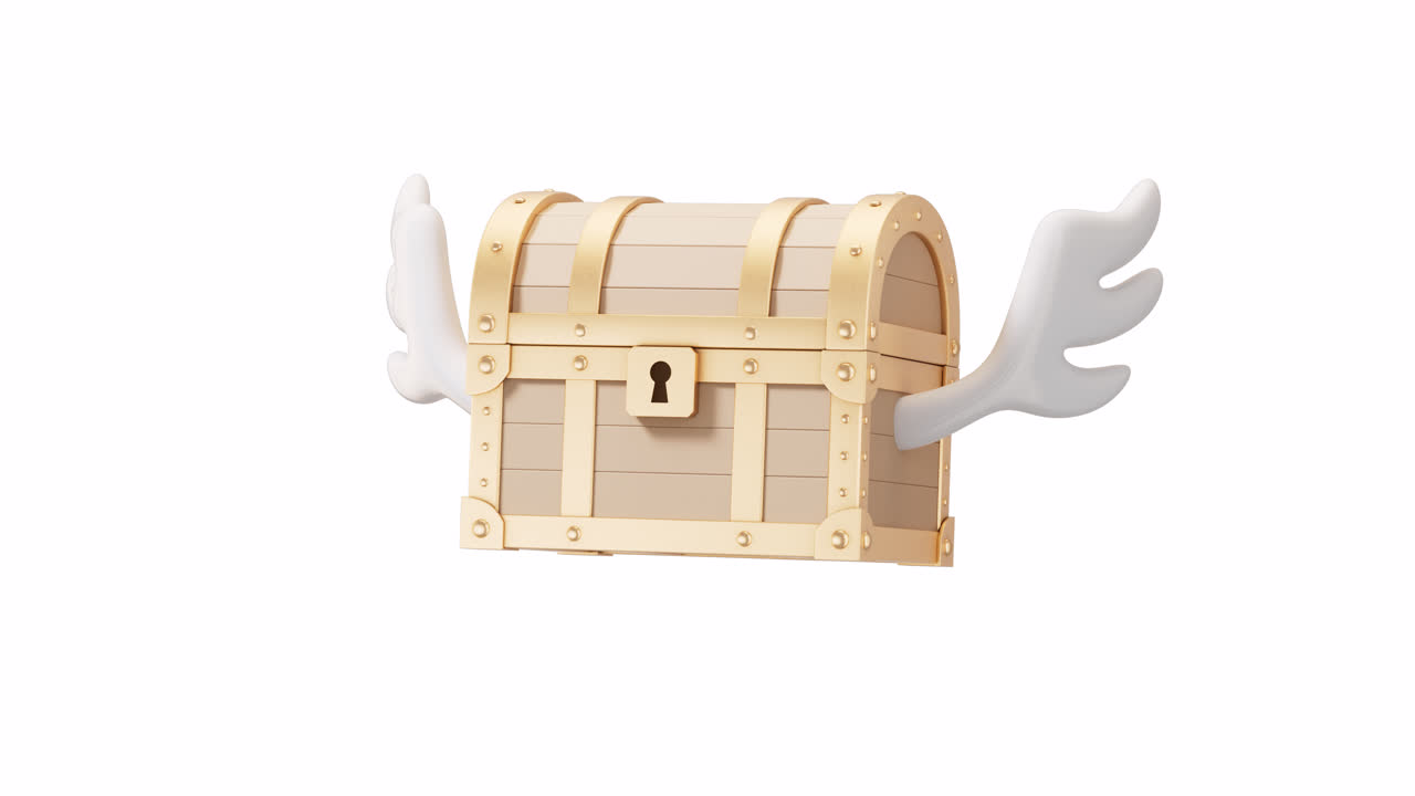 Loop animation of retro treasure box and flying wings on alpha channel, 3d rendering.