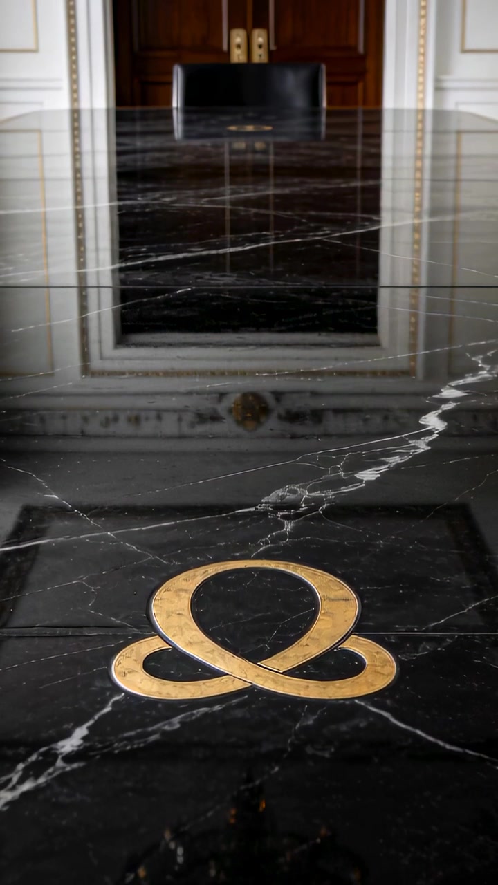 Vertikal video: Bevægende kamera fremhæver et guldsløjfe-emblem i en udsmykket foyer, viser marmorårer.