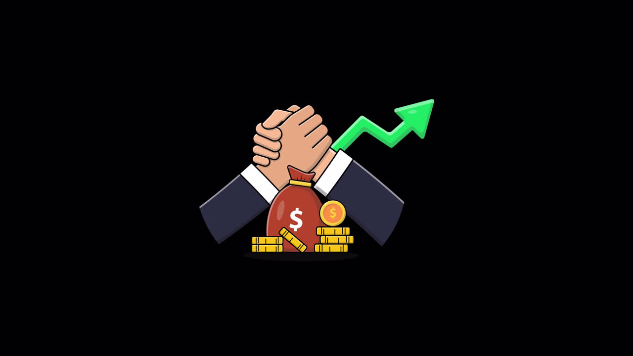 Business Hands Clasping Over Money Bag with Growth Arrow