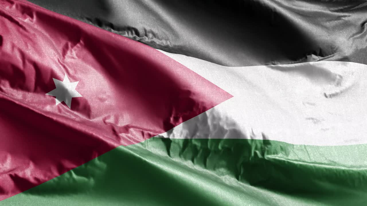 bandera textil de jordania ondeando en el bucle del viento. bandera de jordania balanceándose en la brisa. tejido textil de tela. fondo de relleno completo. bucle de 10 segundos.