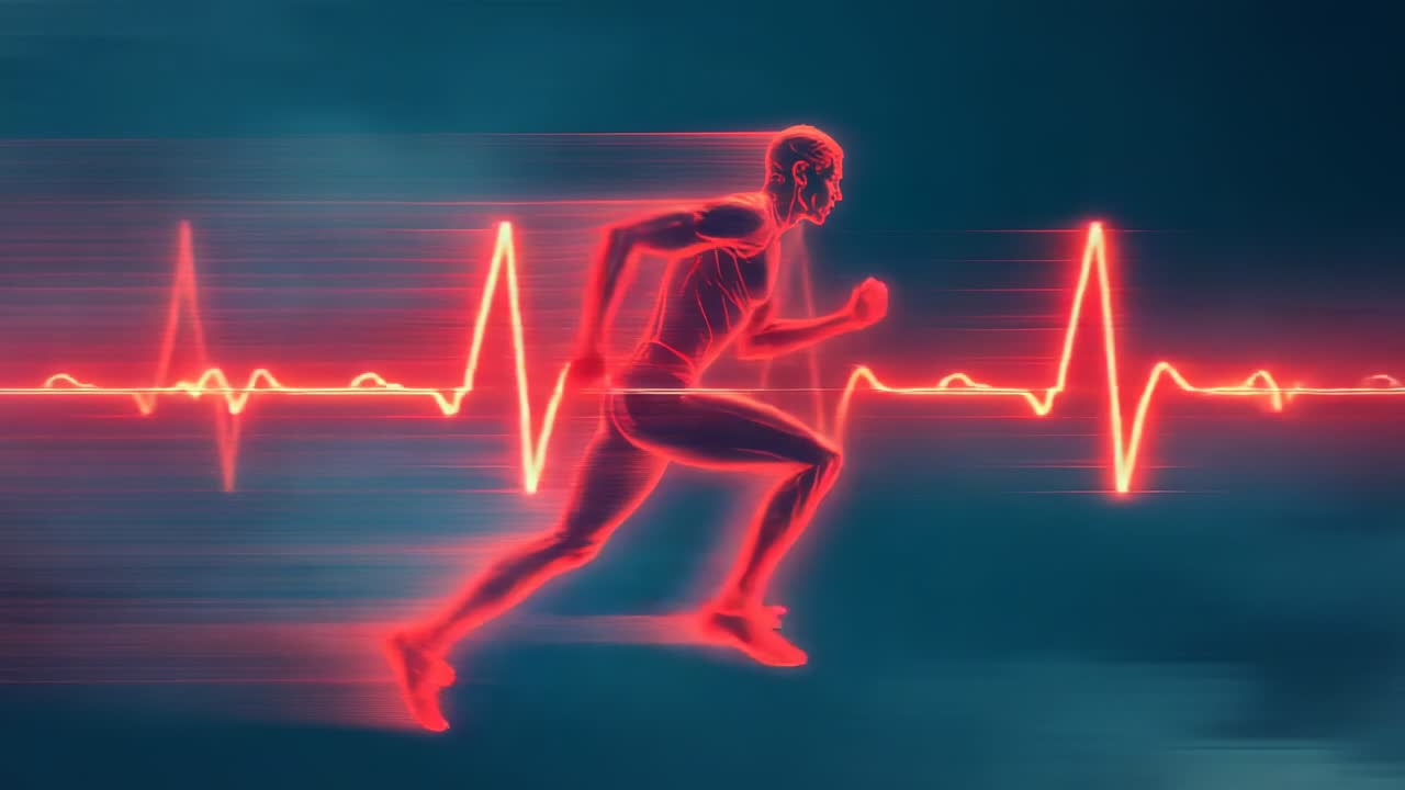 Pulsing ECG line driving runner across digital backdrop with motion blur, syncing heart with step