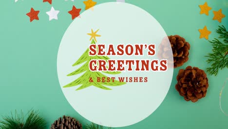 Animation-of-seasons-greetings-and-best-wishes-christmas-text-over-green-background