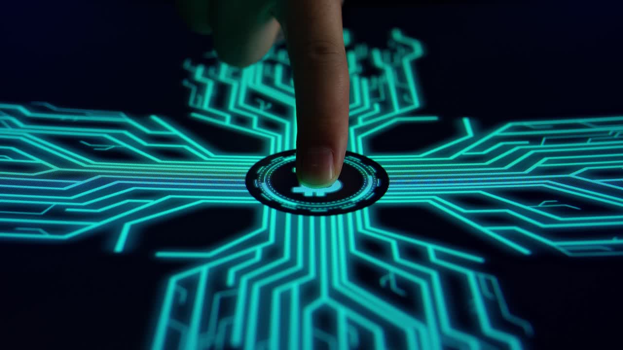 Human Finger Pushes Touch Bitcoin Digital Currency With Futuristic Artificial Intelligence Spreading Through Internet. Visualization Of Machine Learning, Computer Technology, Neural Network