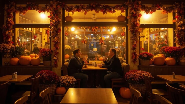 Cozy Evening Conversation Amidst Autumn Decor and Warm Ambiance at a Café as Two Friends Enjoy Each Other's Company Over Drinks in a Charming Setting