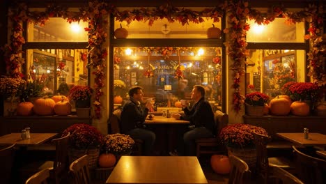 cozy evening conversation amidst autumn decor and warm ambiance at a café as two friends enjoy each other's company over drinks in a charming setting