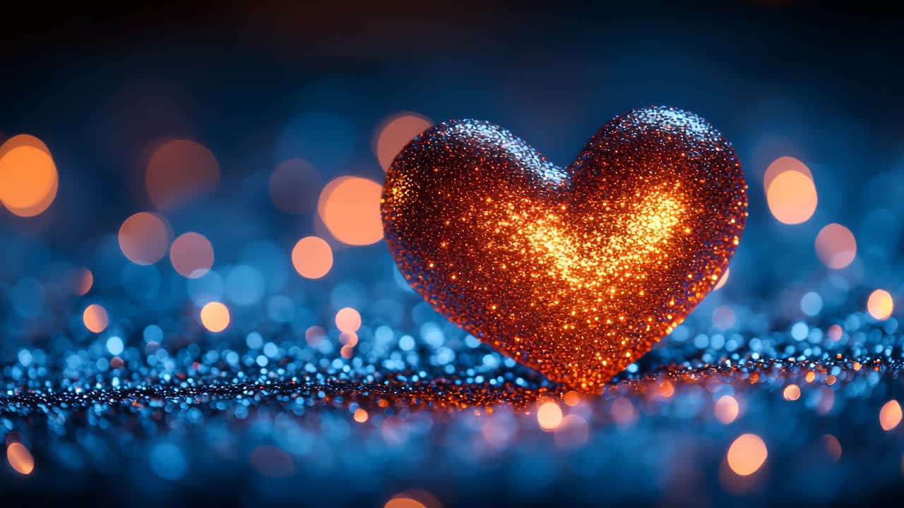 Glittering heart shape on blue surface. A sparkling heart shape is prominently displayed on a shimmering blue surface, with soft bokeh lights in the background.
