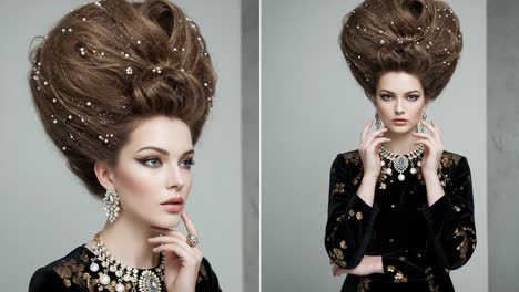 stunning portrait of an elegant model with elaborate hair and exquisite jewelry, highlighting unique hairstyles in a fashionable setting
