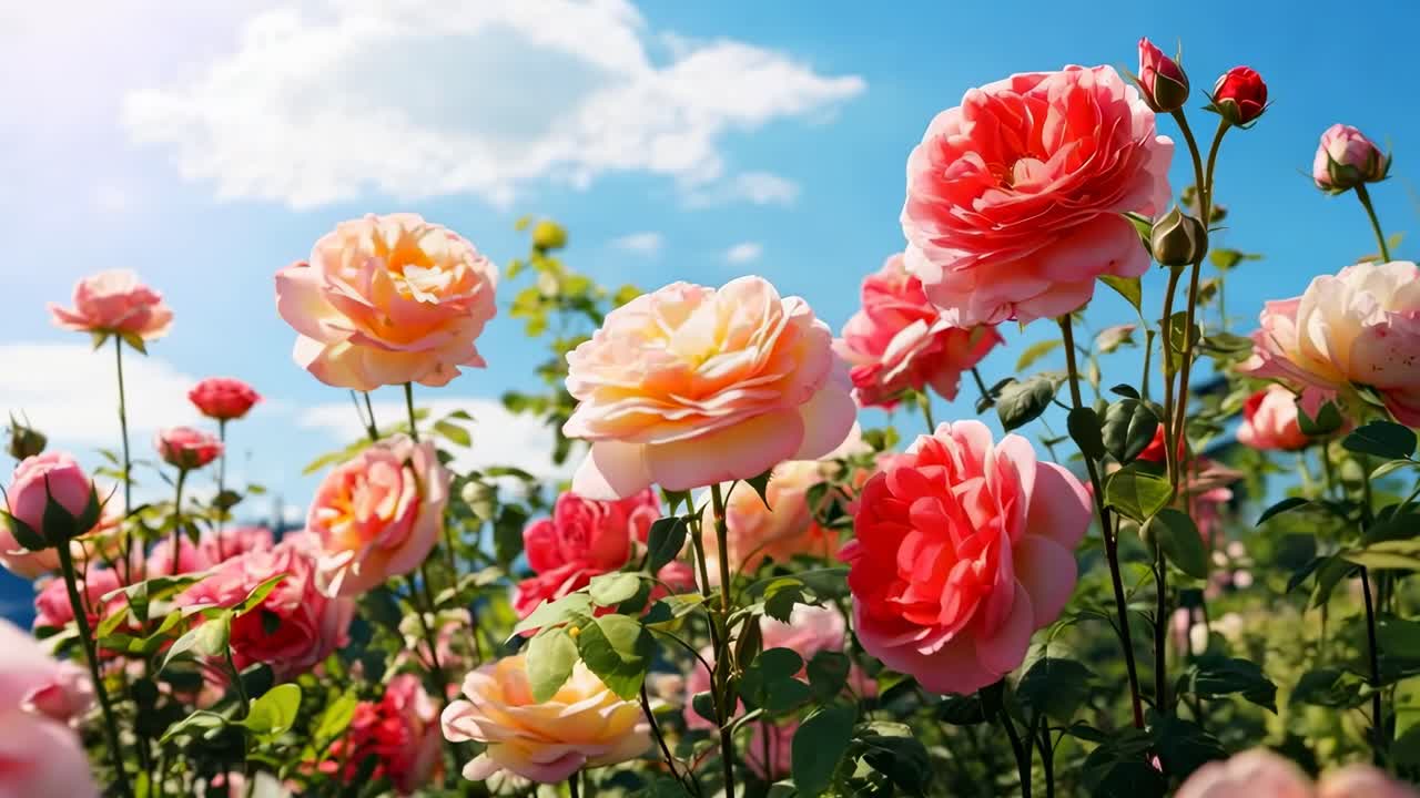 澄み切った空の下で咲き誇る鮮やかなバラが、ローアングルで撮影され、活気に満ちたカラフルな光景を作り出しています。