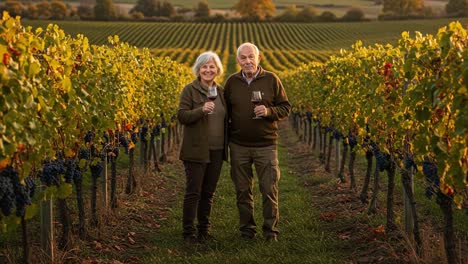 a joyful celebration in the vineyard: a couple toasting with wine amidst lush grapevines in a beautiful autumn landscape