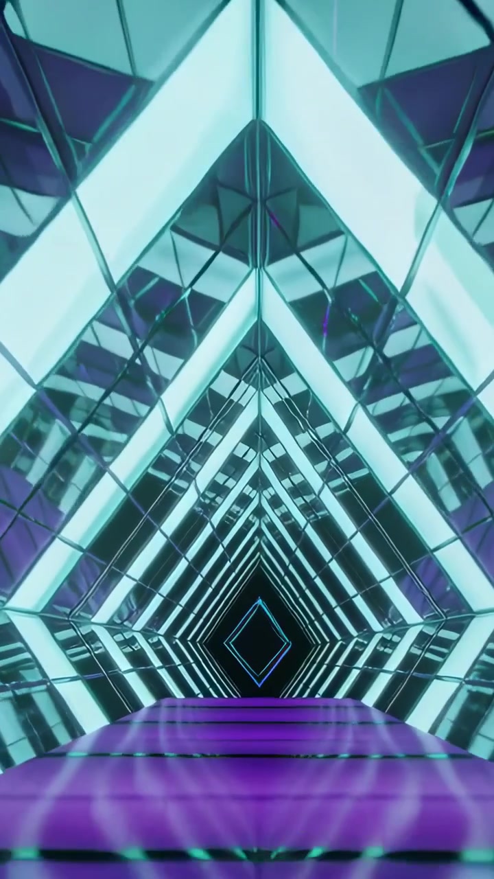 Vertical video: Pulsing cyan bars moving mirror tunnel and purple step to neon diamond guiding gaze