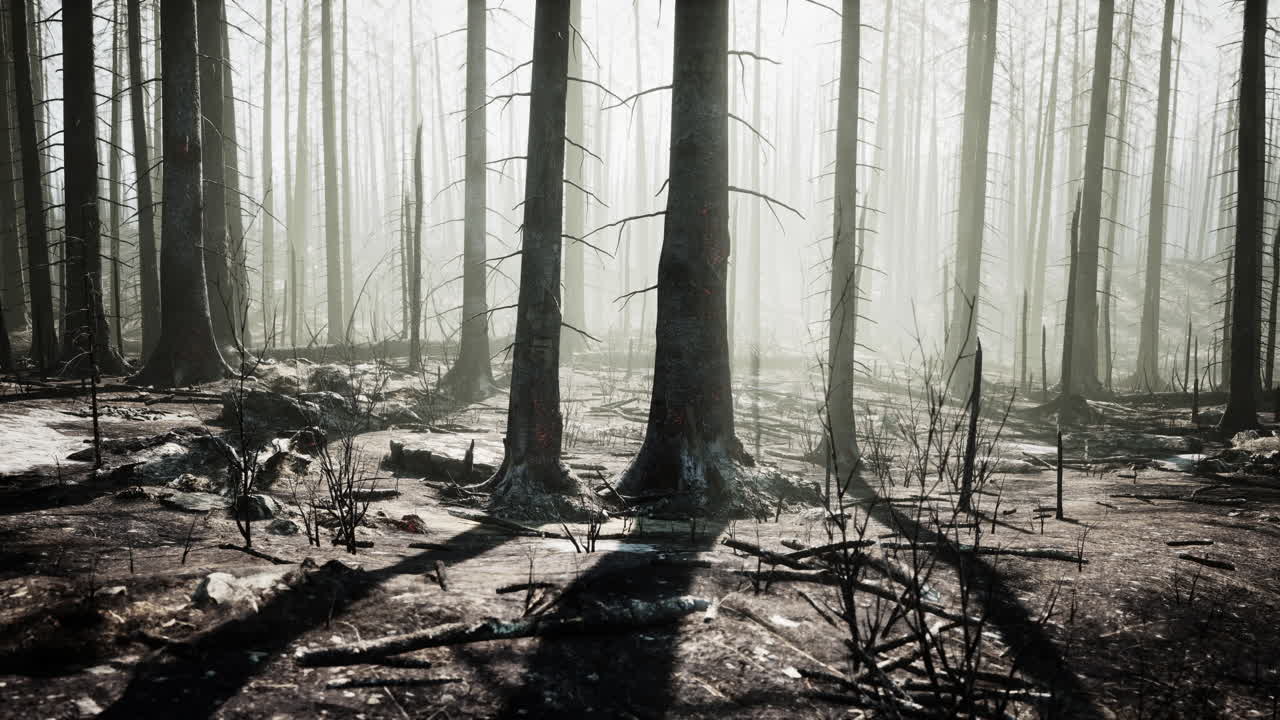 En tåget skov efter en skovbrand.