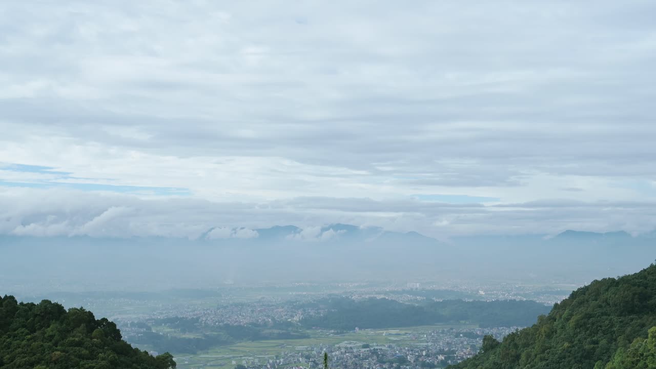 Kathmandu and Mountains Scenery, Kathmandu Cityscape of City, Aerial Shot from Above Background with Copy Space with Blue Colour Tones
