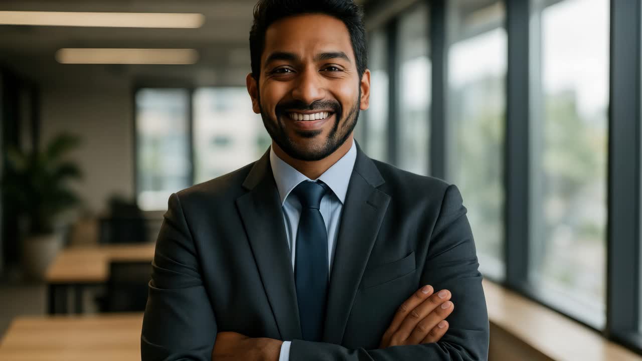 Sikker forretningsmand i jakkesæt smiler til kameraet. Halvtotalt billede med et professionelt kontor