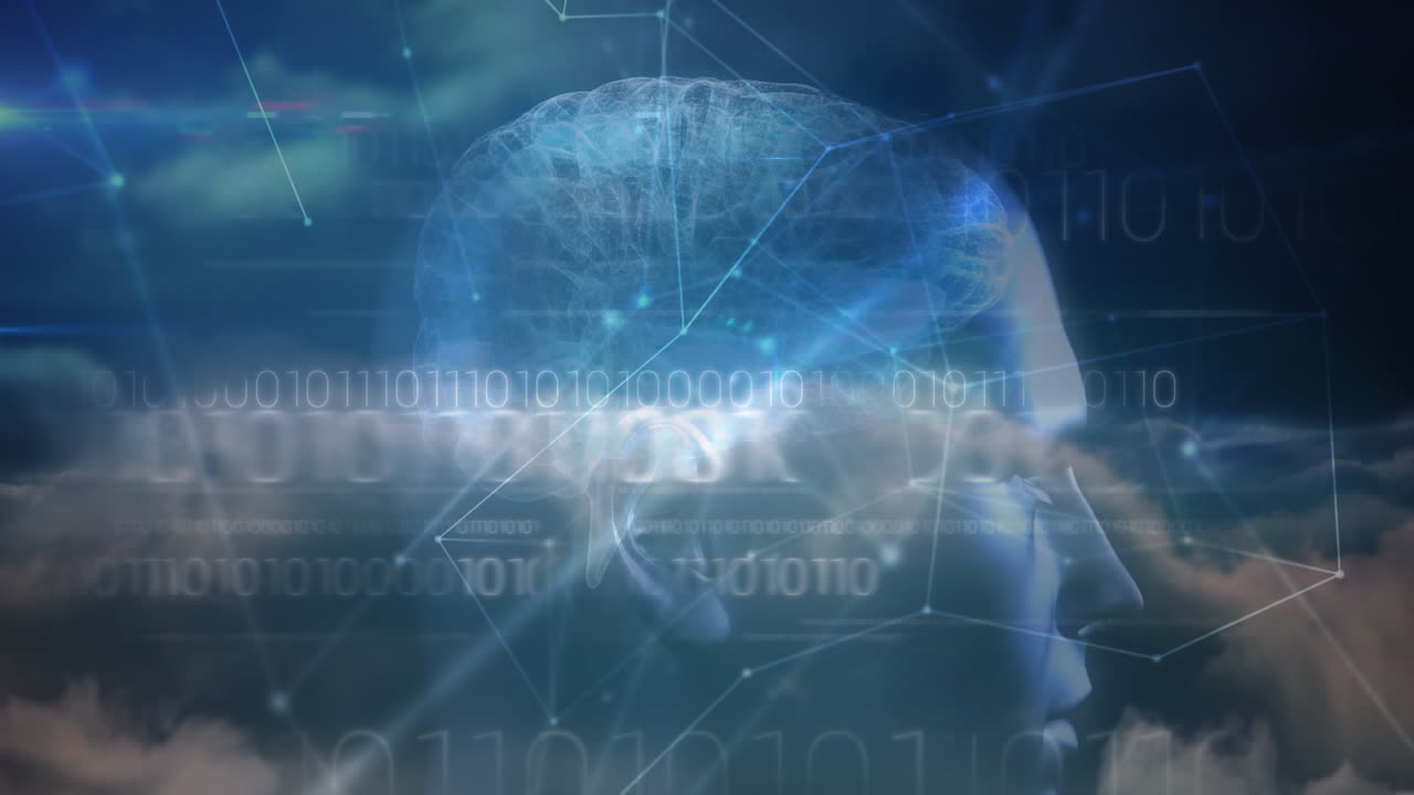 인간 머리와 바이너리 코딩으로 연결된 네트워크의 애니메이션