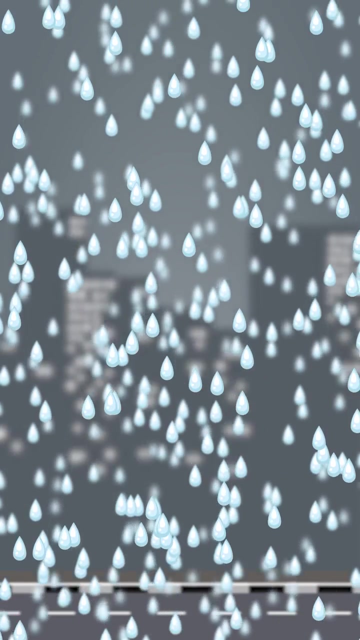 Cartoon raindrops fall vertically against a blurred urban background with buildings and a road