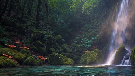 a serene forest waterfall scene captured at eye level, with sunlight streaming through trees