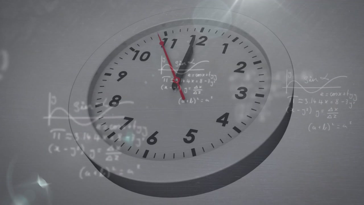 Opening clock starting hands rotating backward while math drifting lens flares showing time rewind