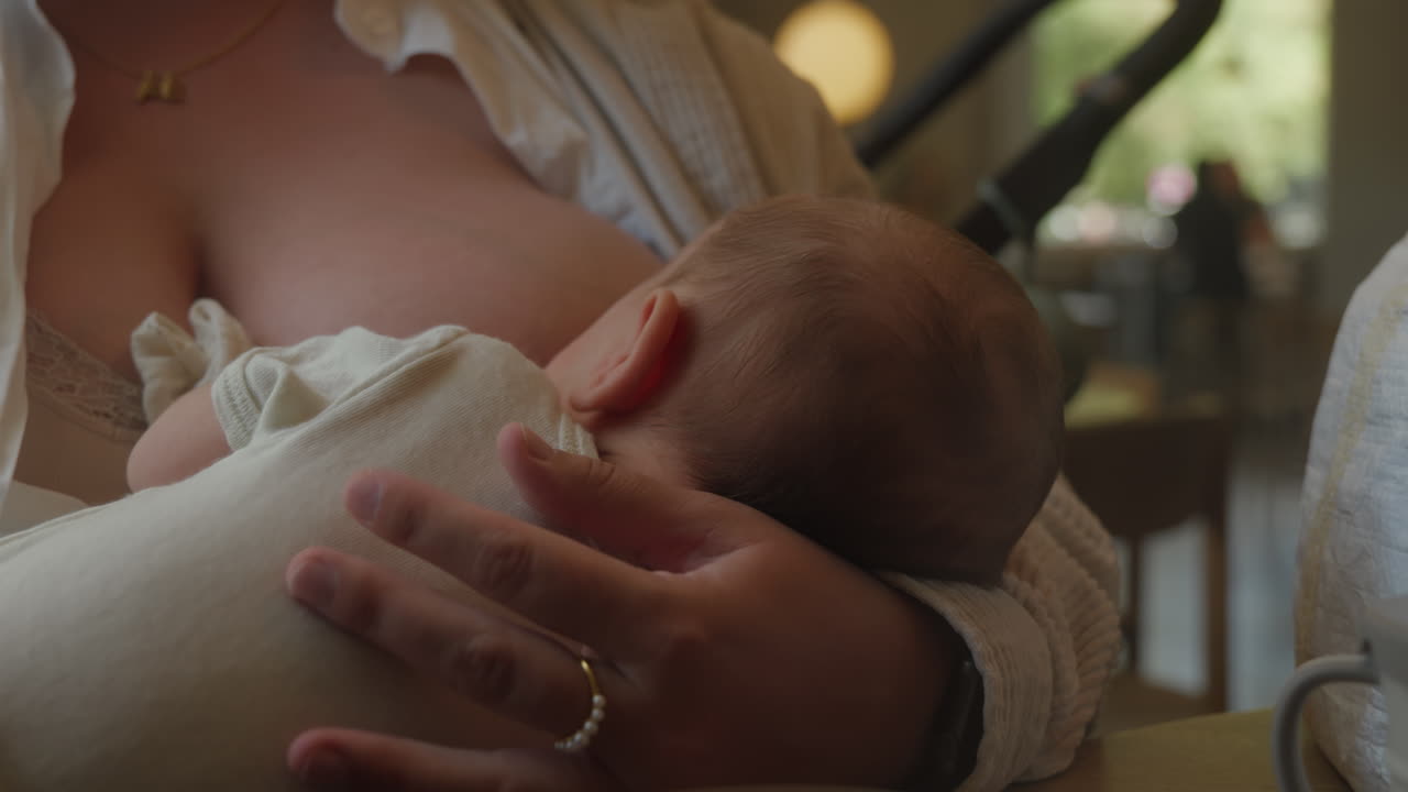 Mother breastfeeding baby in cozy café. Perfect for parenting, nurture, and family-oriented projects.