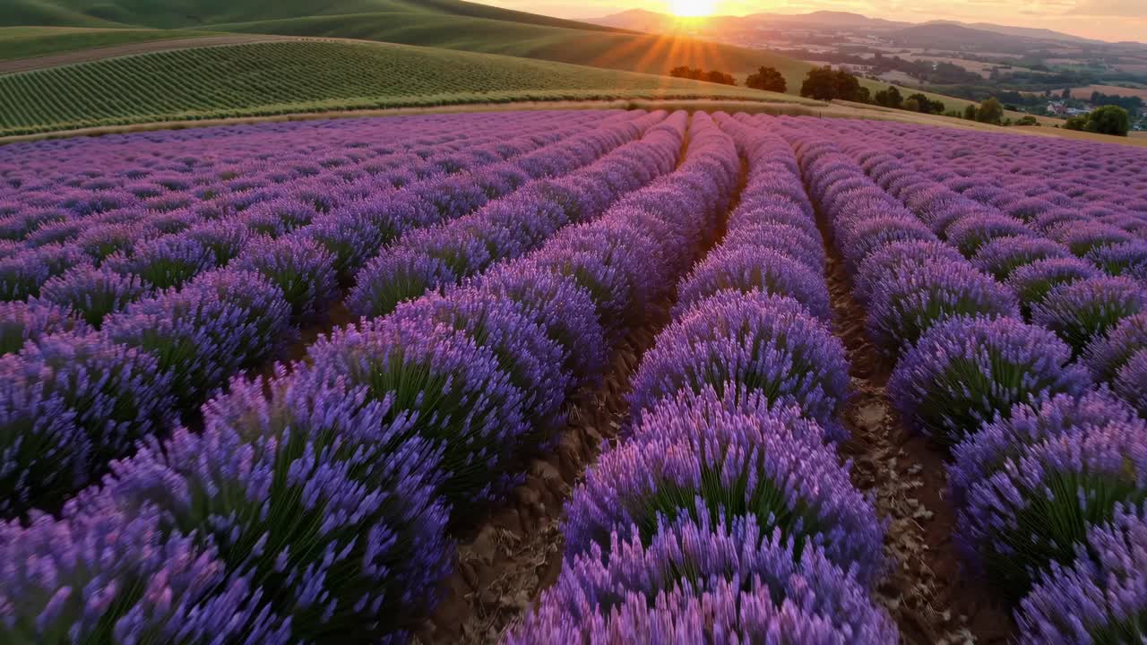 Aerial video captures vibrant lavender fields at sunset, showcasing endless rows and rolling hills