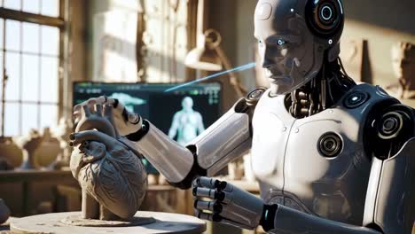 a futuristic robot sculpting a heart model with precision and care, highlighting the intersection of art and technology in a creative workspace