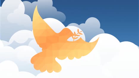 Animation-of-orange-dove-holding-twig-on-blue-cloudy-sky-background