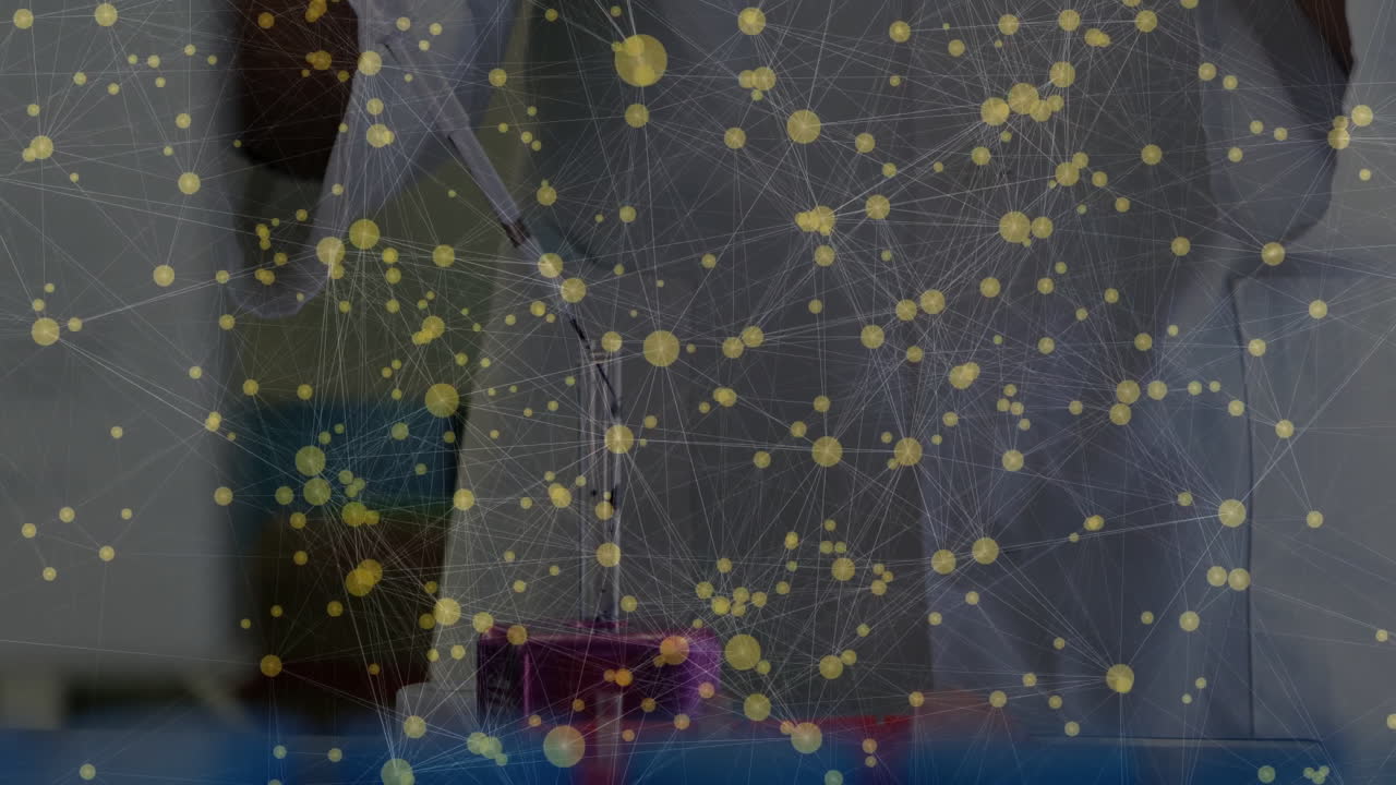 Network of connections and data processing animation over scientists in laboratory