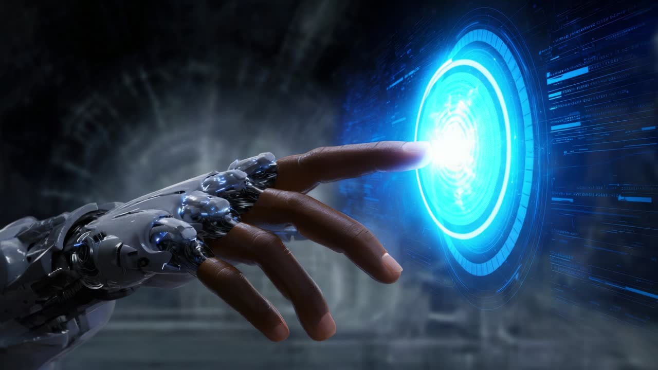 Futuristic Interaction: A Robotic Hand Reaches Out to Engage with a Glowing Blue Energy Sphere, Symbolizing the Fusion of Technology and Humanity in a Cutting-Edge Digital Environment