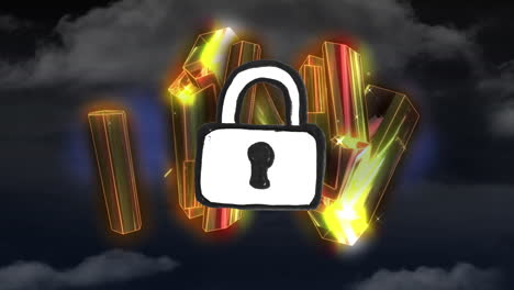 animation of black padlock over illuminated abstract pattern against dark clouds during storm