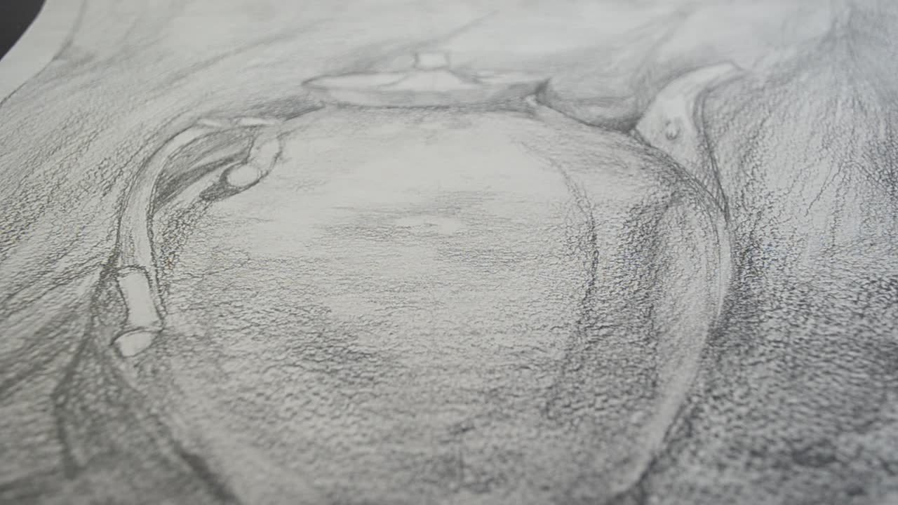 The still life is drawn with a pencil. Shooting with conducting