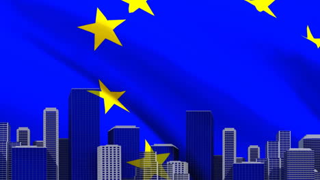 european flag waving with cityscape