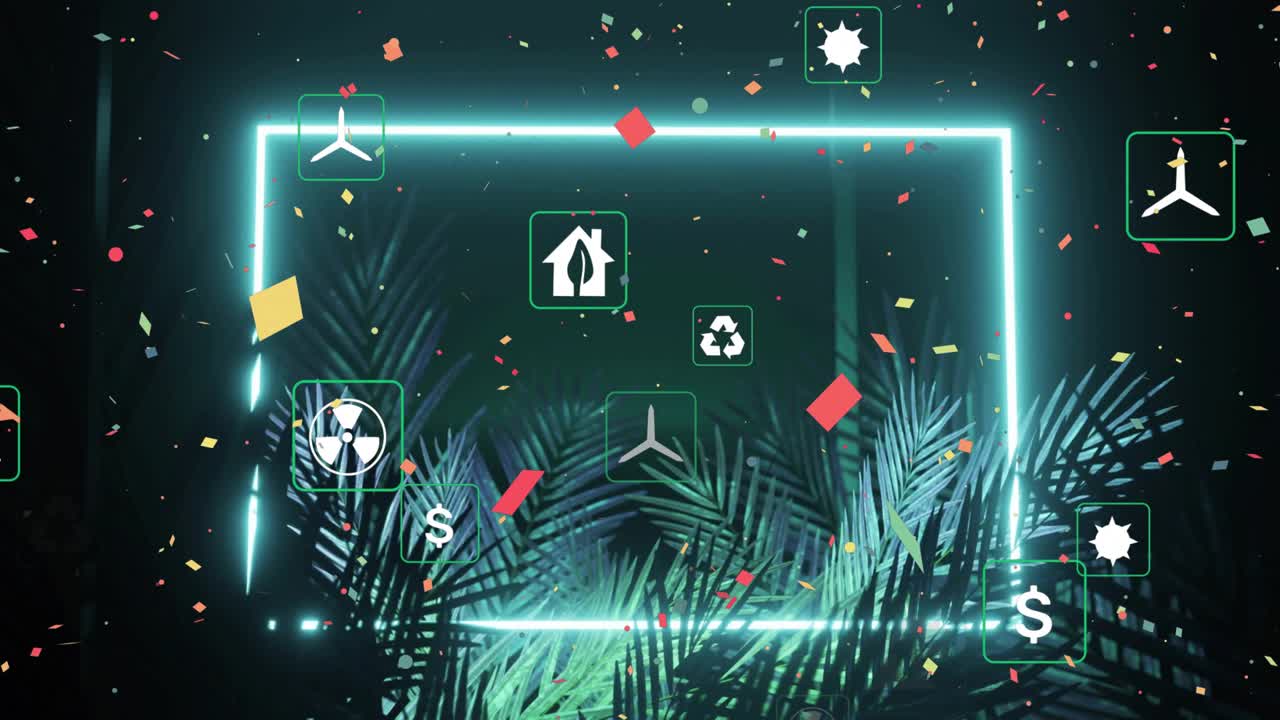 Scene opening with neon frame drawing itself then cycling energy icons amid falling confetti