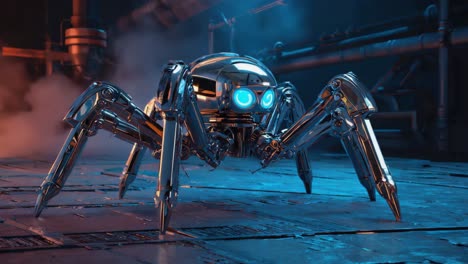 metallic spider robot in an industrial setting